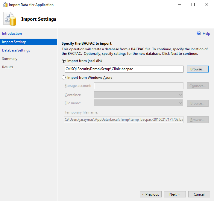 Import Data-tier Application Wizard