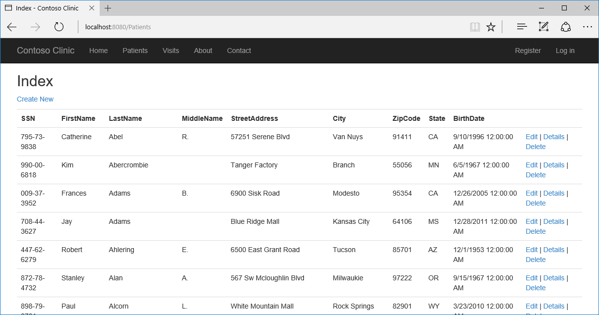 List of Patients on web app patients tab