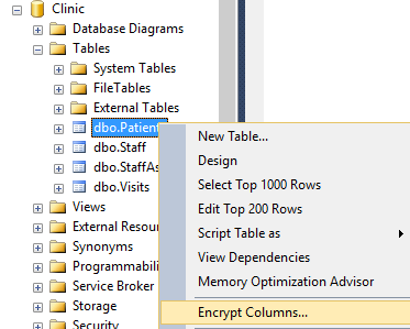 Right Click patients table encrypt columns dropdown