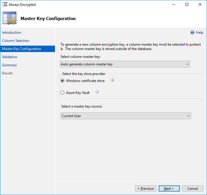 Master Key configuration page, selected 'key source' and 'current user' options