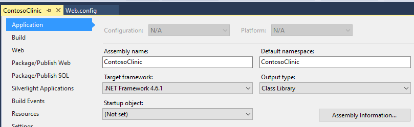 Contoso Clinic Application Properties .Net Framework Version Setting