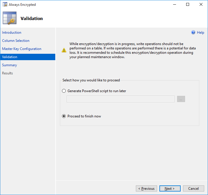 Always Encrypted Wizard Validation page