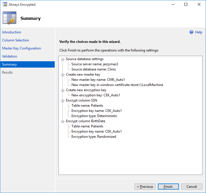 Always Encrypted Summary Page